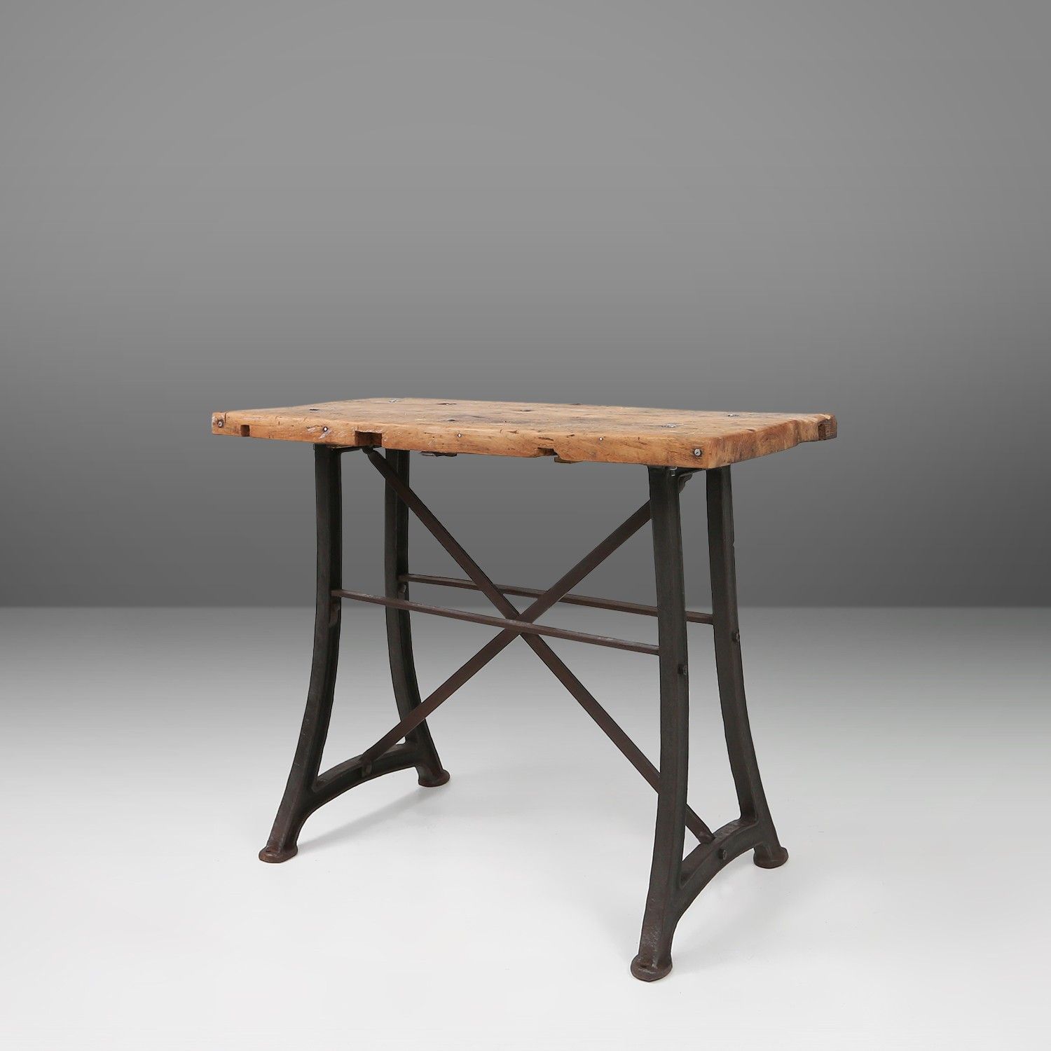 Industrial bar/bistro table with cast iron legs and wooden top, Belgium ca. 1920-img